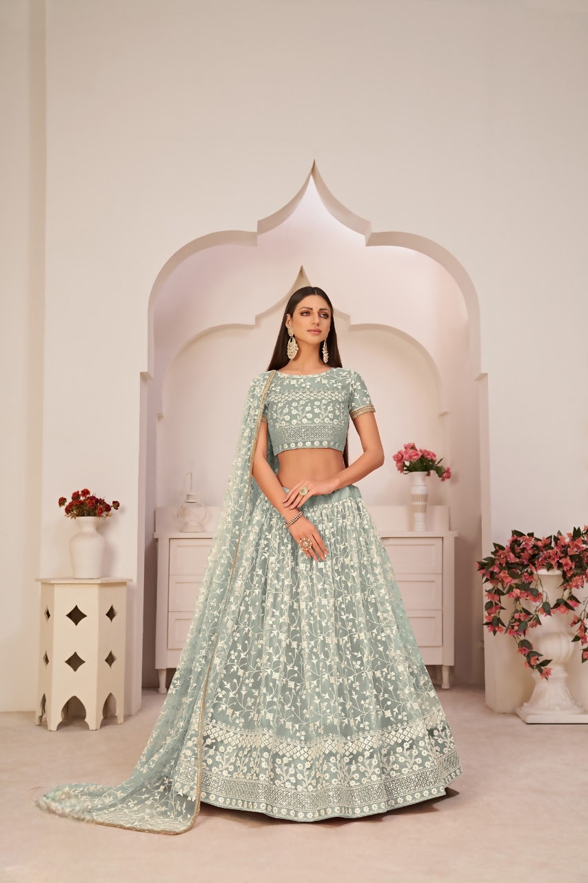 Eilara Women'S Eilara Women'S Green Butterfly Net Embroidered Thread Work Party Wear Lehenga Choli