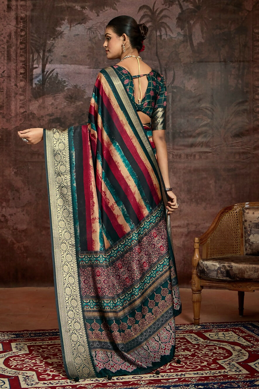 Joban Fashion Multicolor Art Silk With Fine Viscose Border Ajrak Full Body Print With Soft Finish Saree - Distacart