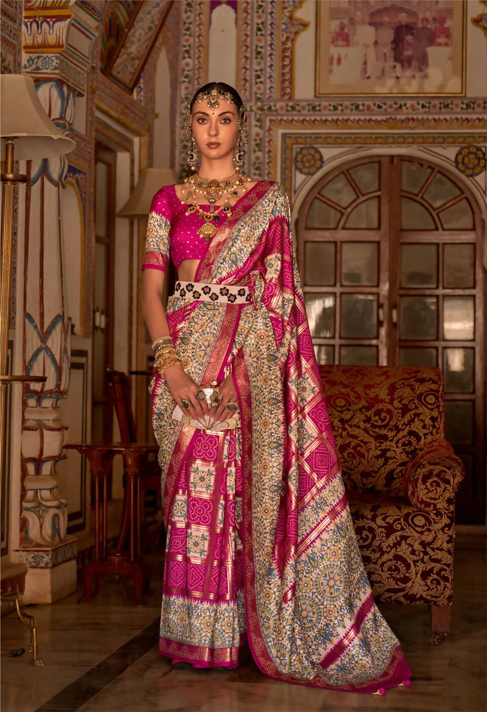Strawberry Pink P V Silk Digital Print, Zari Work Printed Saree - Rewaa Parampara