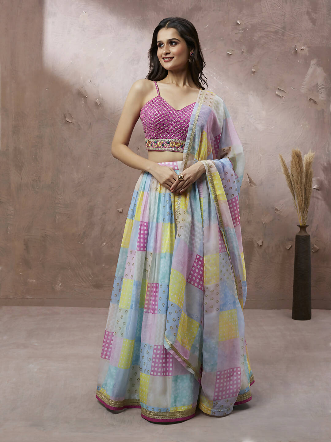 House of Panchhi Turquoise Blue Organza Floral Printed Lehenga choli & Dupatta