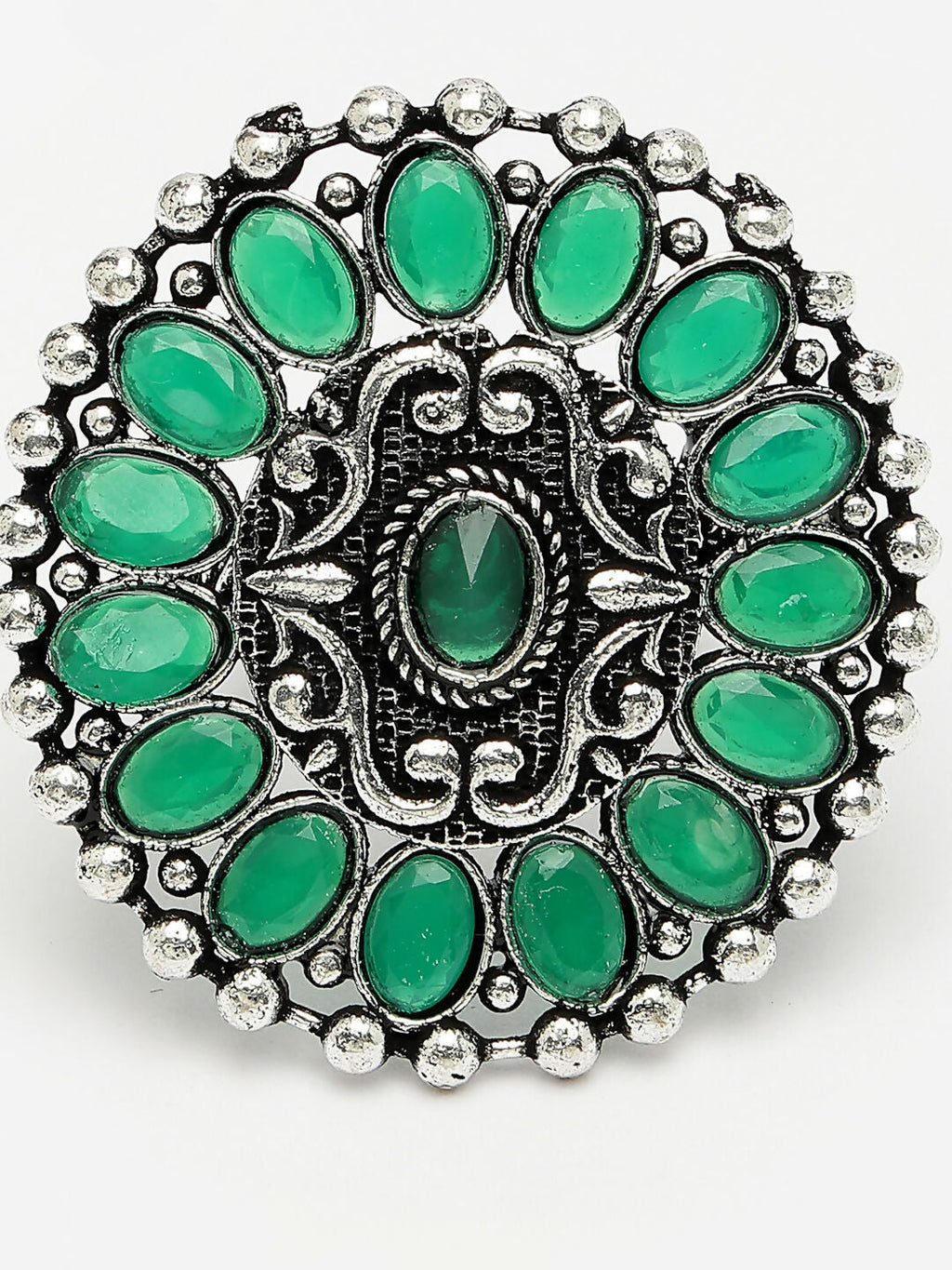 NVR Women's Green Silver-Plated Circular Shape Adjustable Finger Ring