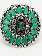 NVR Women's Green Silver-Plated Circular Shape Adjustable Finger Ring