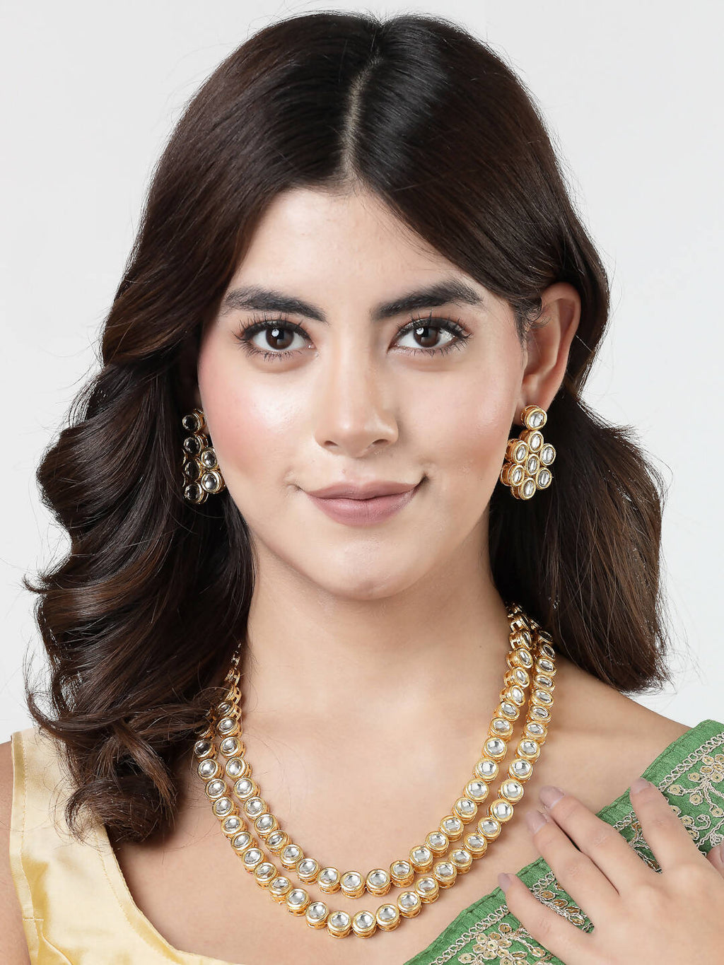 NVR Women's Gold-Plated Kundan 2 Layered Handcrafted Jewellery Sets With Drop Earrings - Distacart