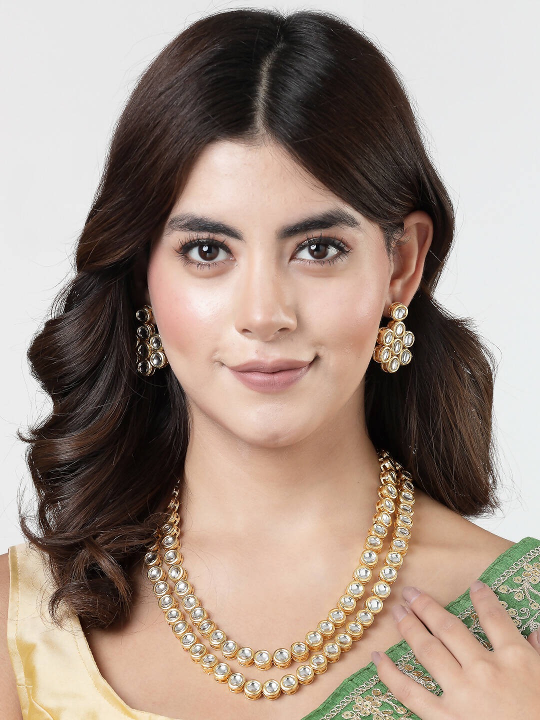 NVR Women's Gold-Plated Kundan 2 Layered Handcrafted Jewellery Sets With Drop Earrings - Distacart