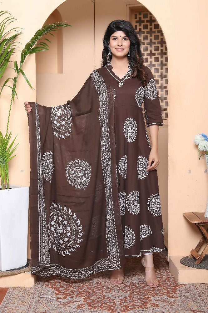 Miravan Womens Brown Animal Printed Anarkali Kurta With Dupatta Set - Distacart