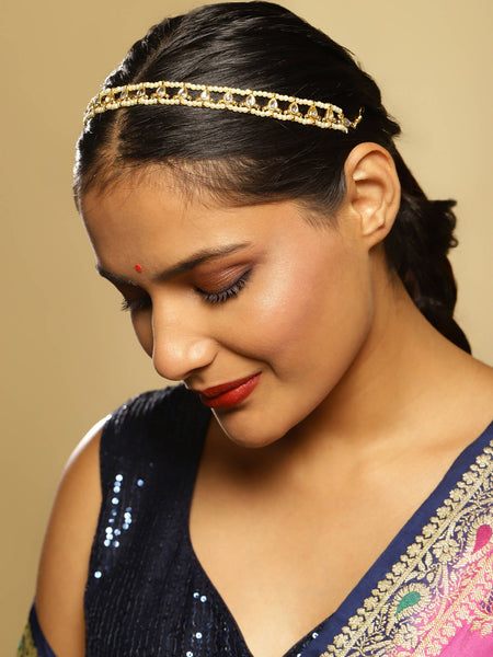 Gold-Polished White Kundan-Studded Pearl Beaded Hair Band - Ruby Raang