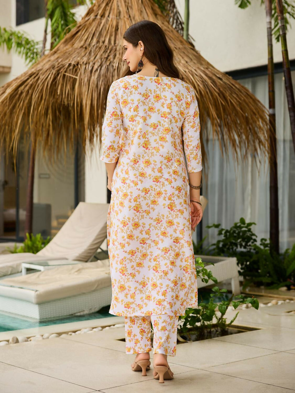 The52 Yellow Women's Beautiful Printed Silk Blend Fabric with Straight Kurta, Pant and Dupatta Set - Distacart