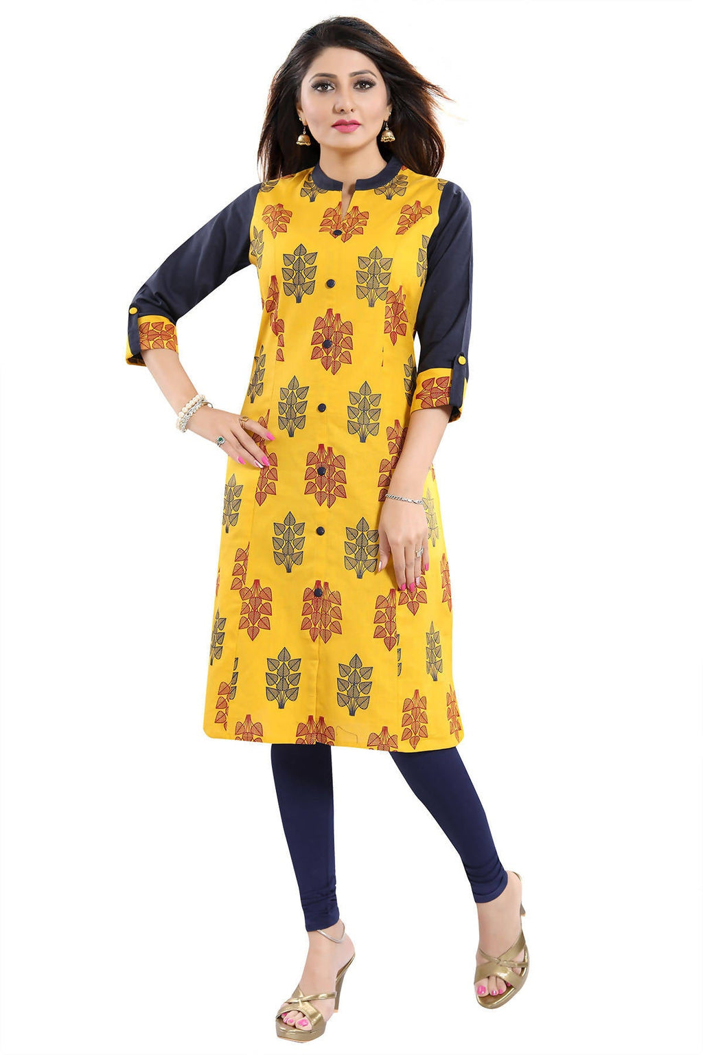 Snehal Creations Luscious Lemon Yellow Shirt Style Cotton Printed Tunic - Distacart