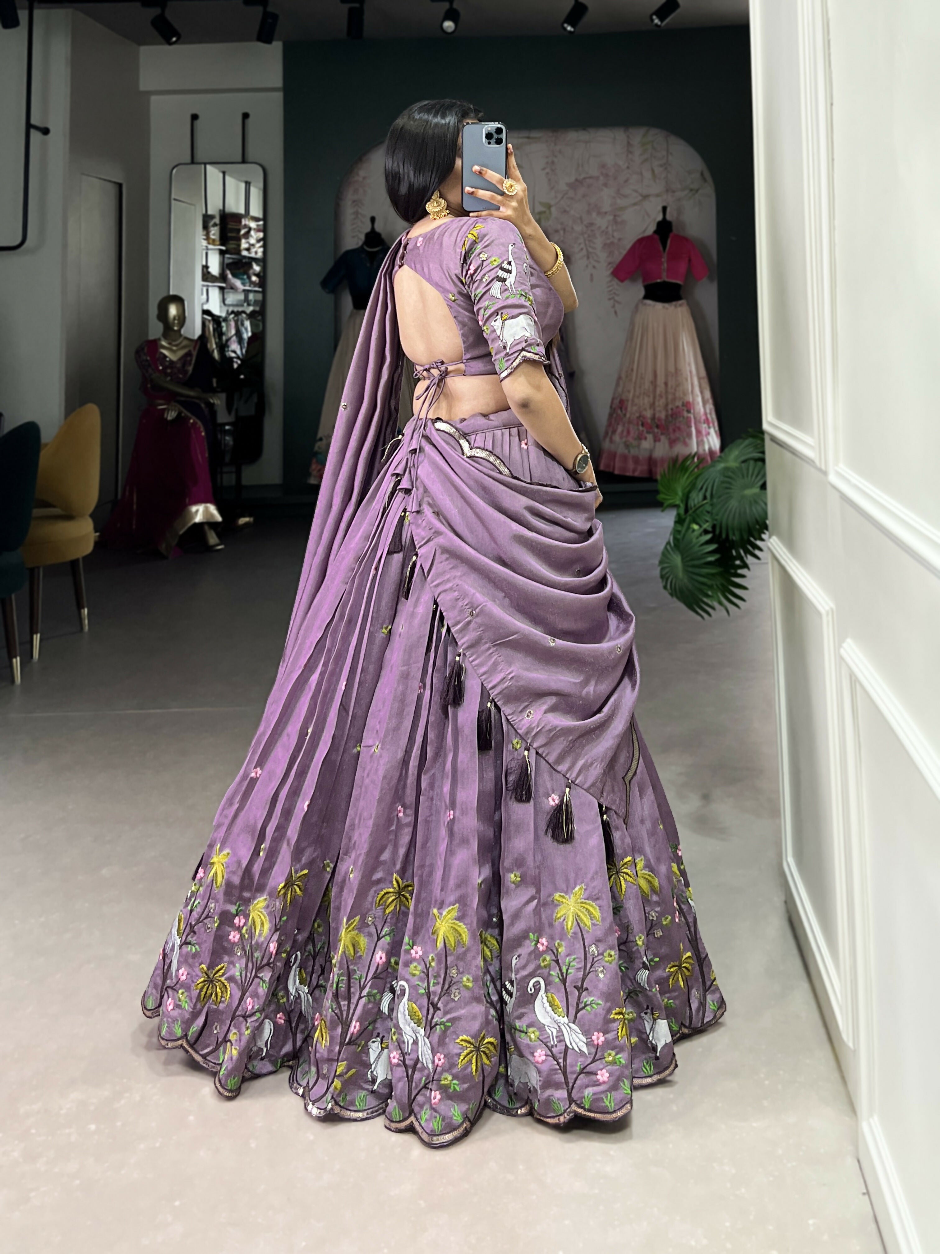 Lorenvalley Lavender Vichitra Simmer Sequins and Thread Embroidery Work Lehenga Choli