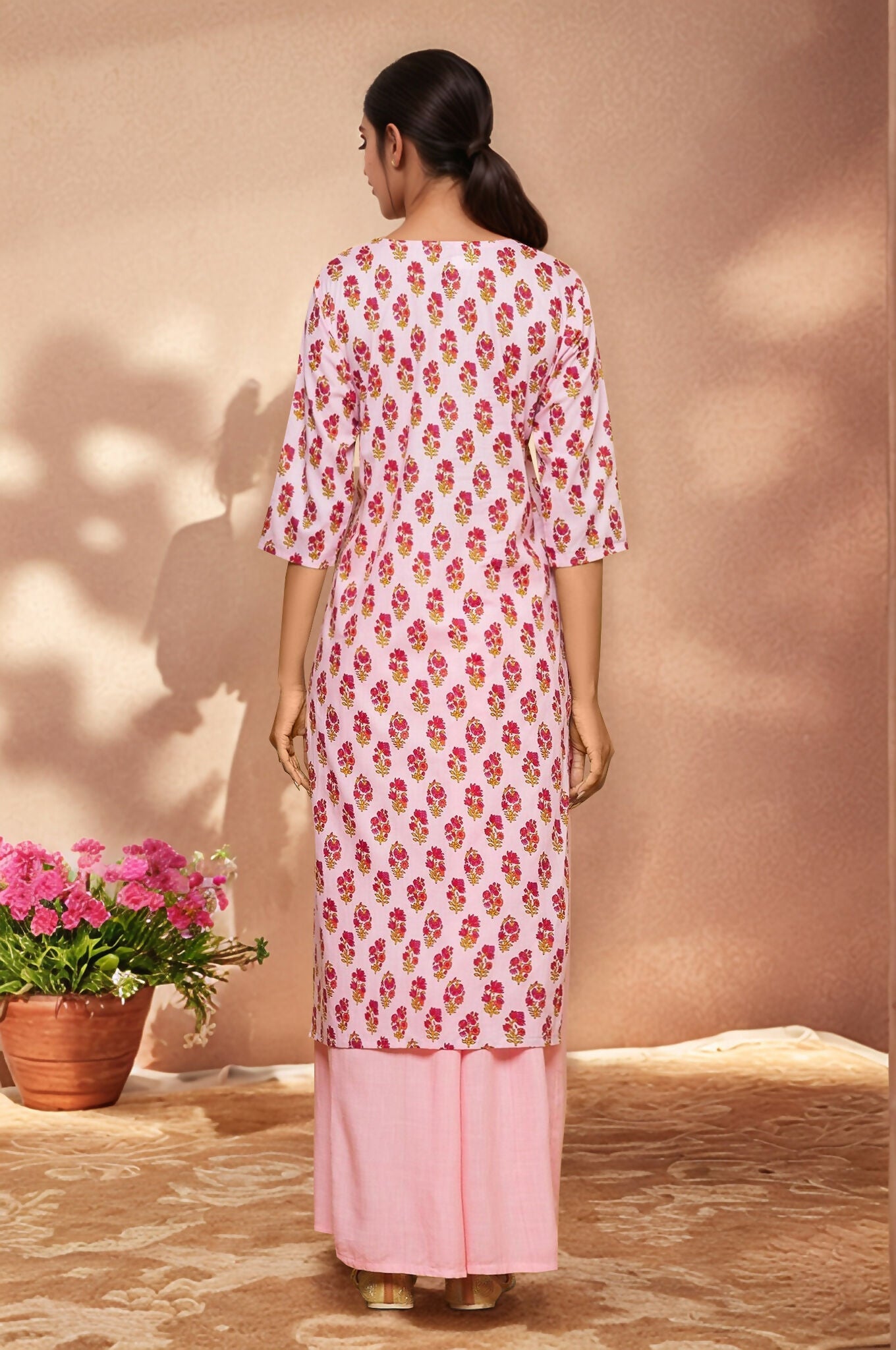 Joban Fashion Pink Flower Printed Cotton Kurti With Siqunce In Neck
