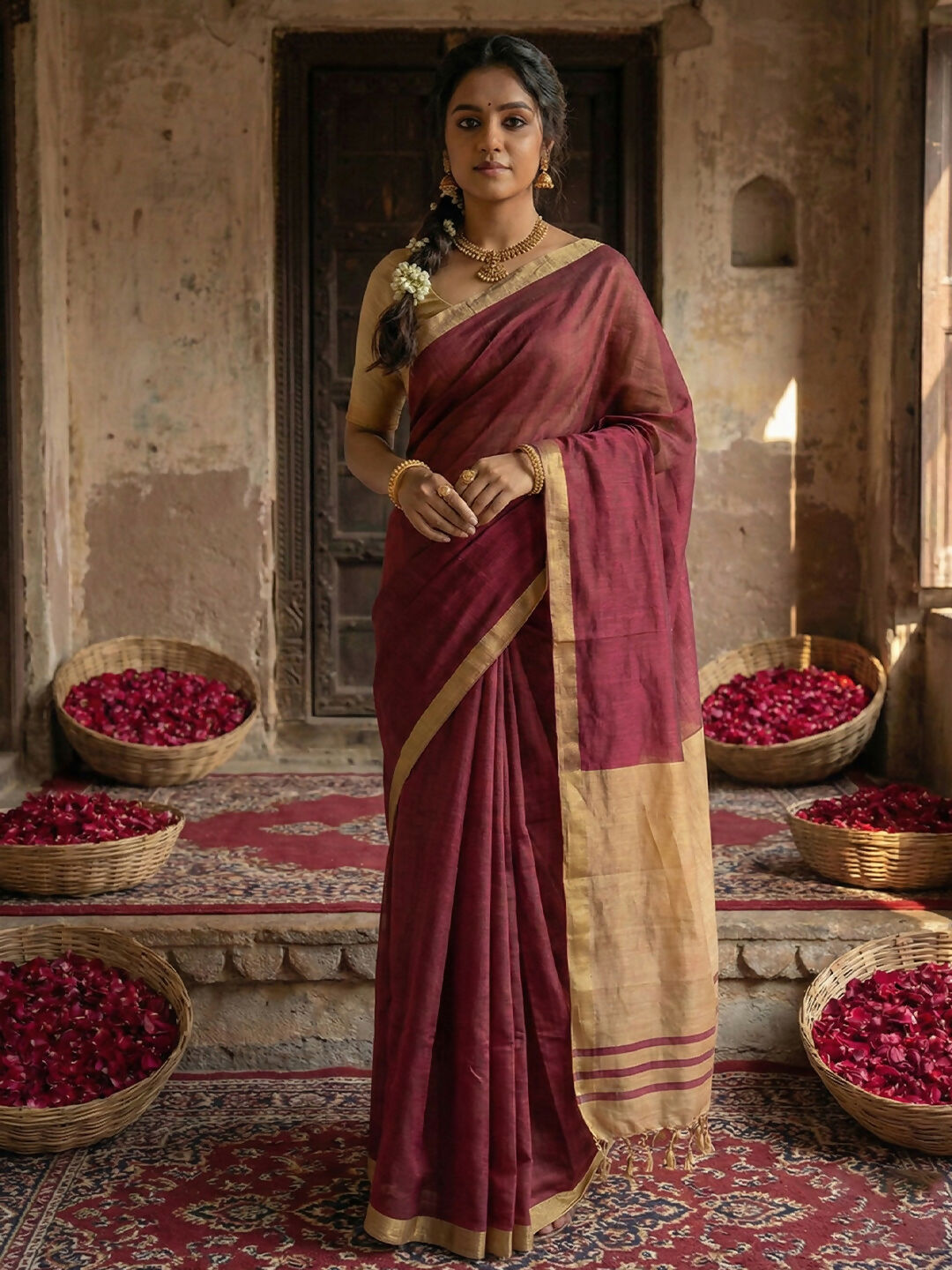 Shree Shyam Fashion Wine Cotton Saree - Distacart