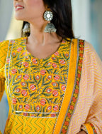 Yufta Women Yellow Handblock Anarkali Kurta with Trouser & Dupatta