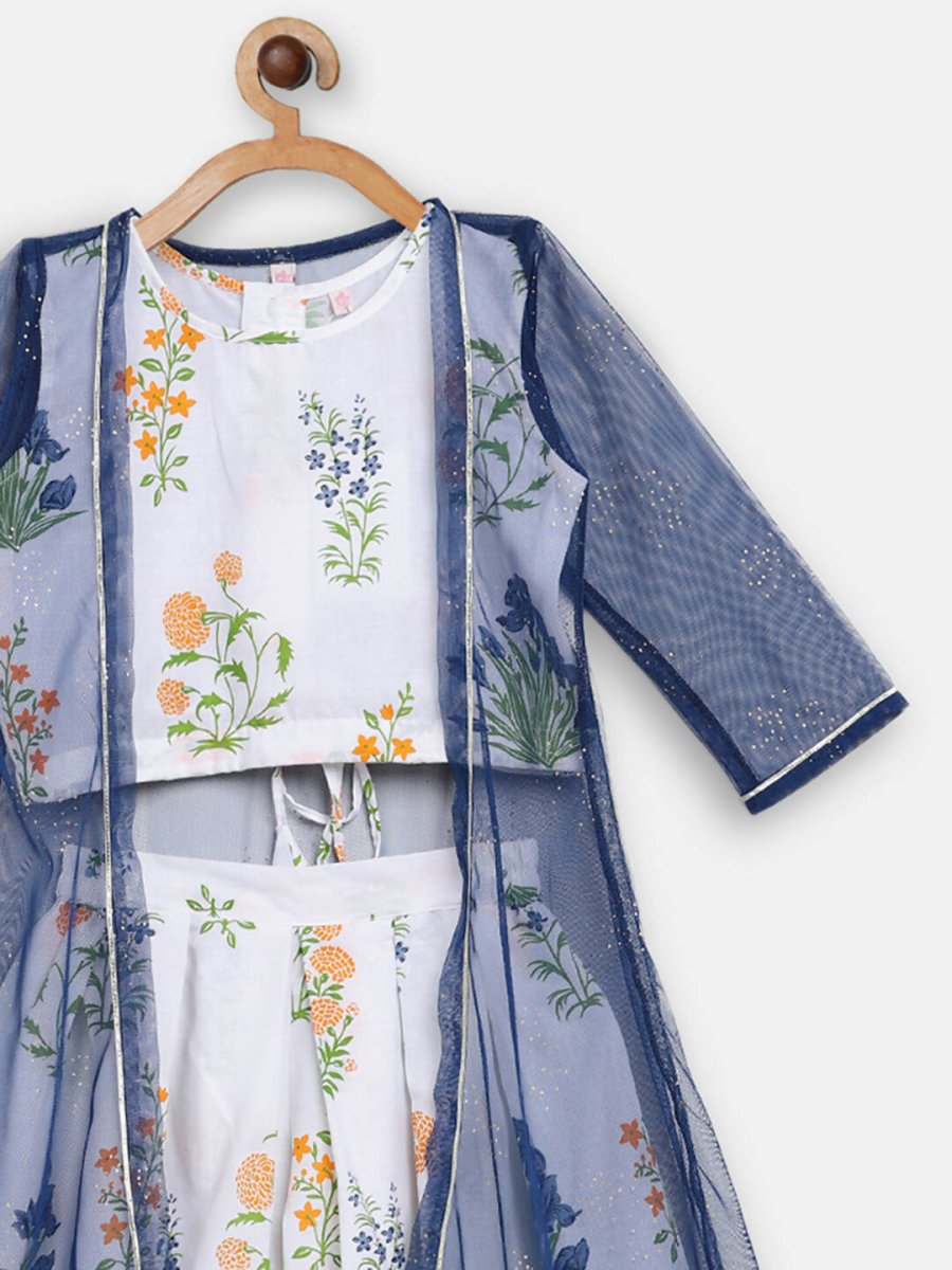 Ahalyaa Off White Cotton Printed Kids Top and Palazzo With Net Jacket For Girls