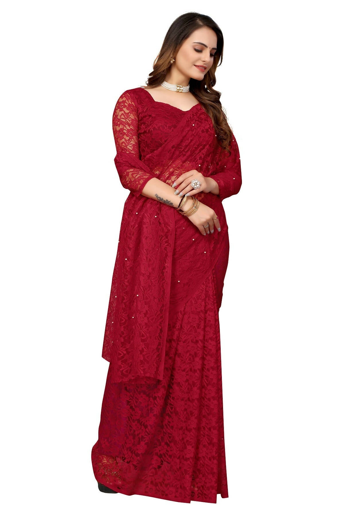 Vamika Maroon Pearls Net Saree - Distacart
