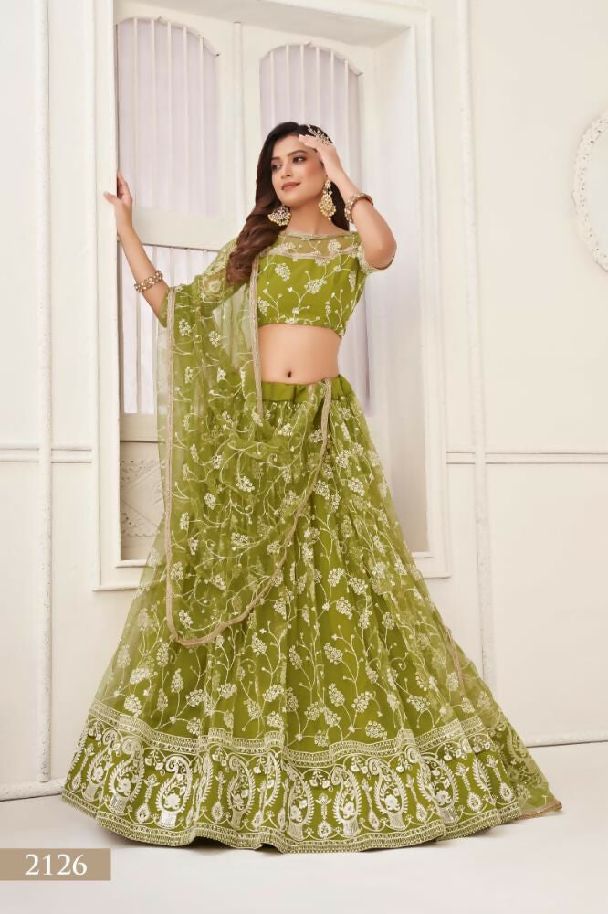 Aastha Fashion Olive Green Butterfly Net White Cotton Thread Work And Sequence Work Embroidery Wedding Wear Lehenga Choli