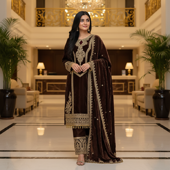 Teeya Creation Coffee Color Velvet Fabric Designer Embroidery Work Suit - Distacart