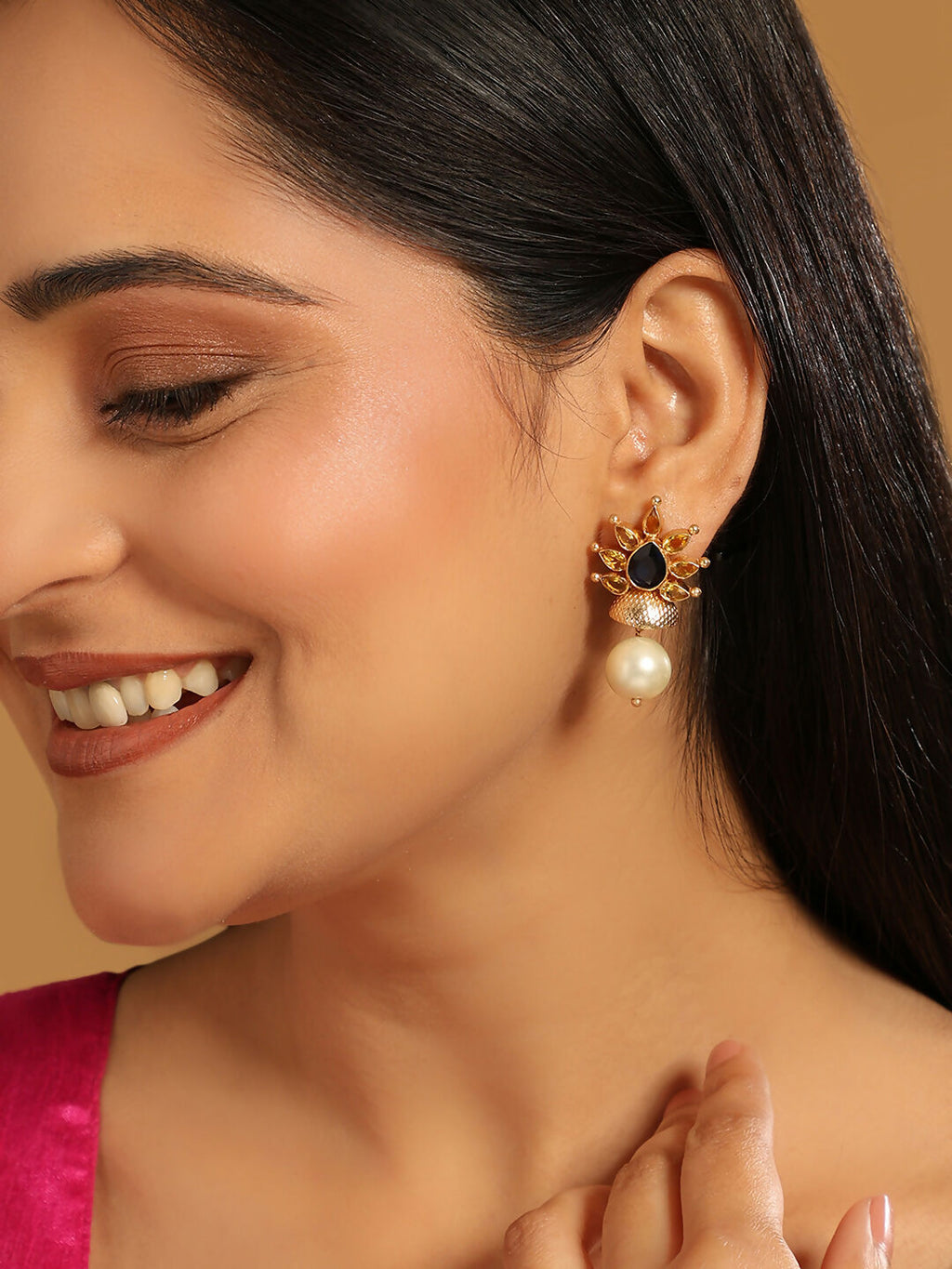 Nuyug 22K Gold Plated Pearl & Crystal Studded Contemporary Floral Stud Earrings - Distacart