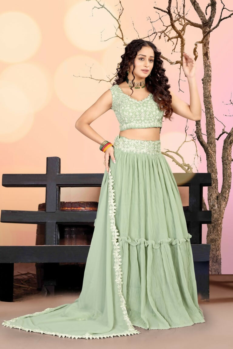 Jyoti Fashion Sea Green Two Tier Crush Georgette Lehenga Choli with Dupatta