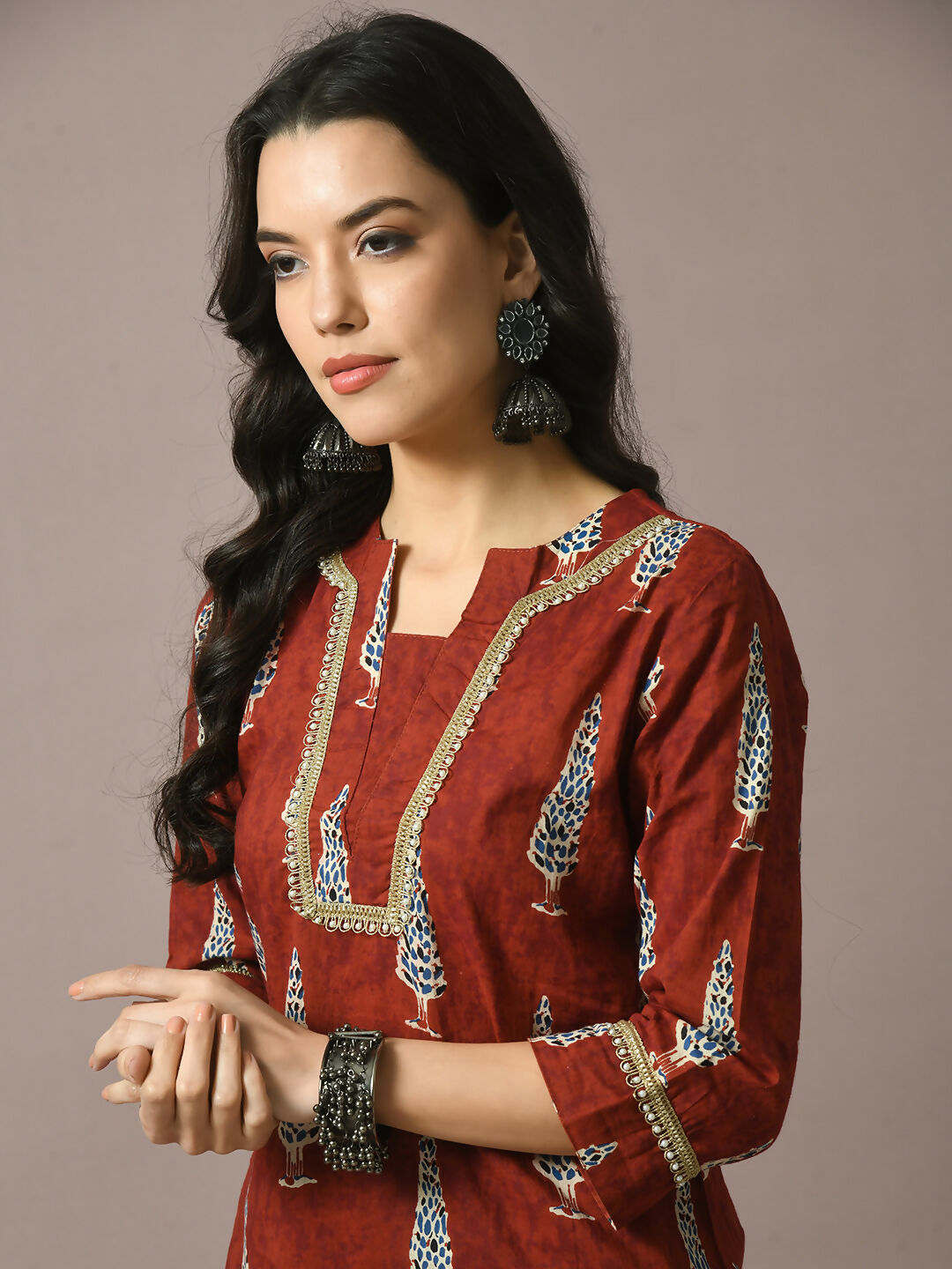 Myshka Women's Rust Printed Cotton Straight Party Kurta Set