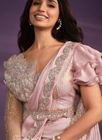 Pink Crepe Satin Silk Embroidered Saree With Stitched Blouse - Mohmanthan Exotica