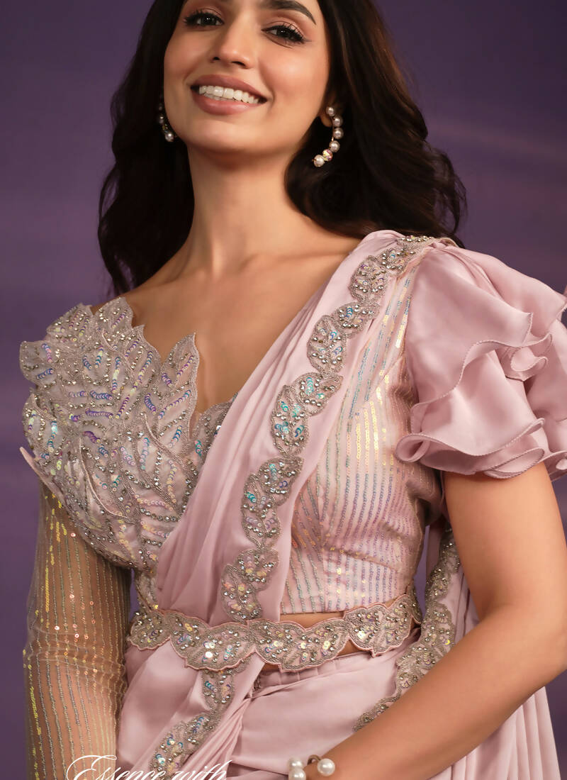 Pink Crepe Satin Silk Embroidered Saree With Stitched Blouse - Mohmanthan Exotica