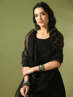 Myshka Women's Black Embroidered Cotton Straight Party Kurta Set With Dupatta