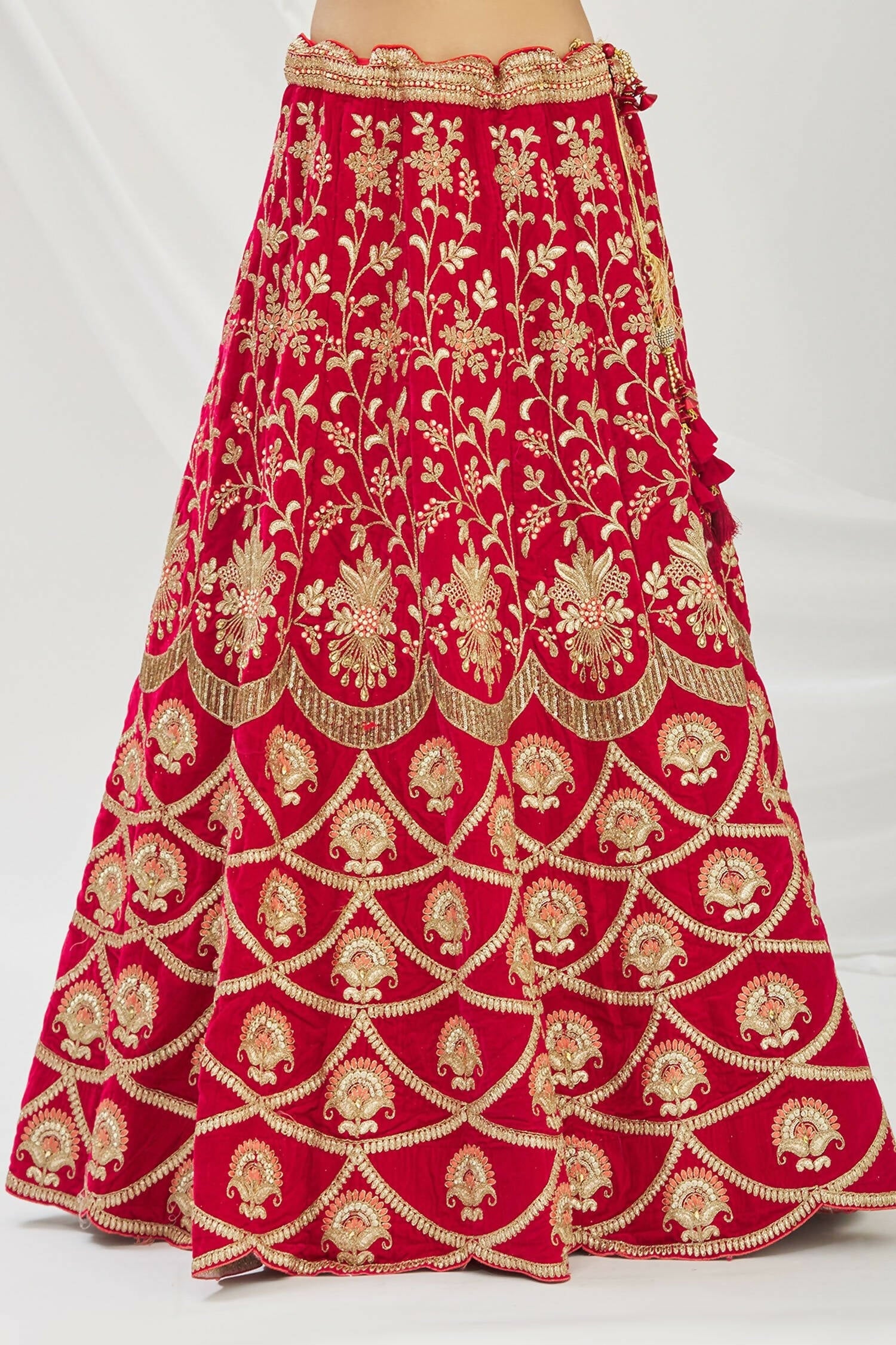 Red Velvet Semi-Stitched Wedding Bridal Lehenga - Nimaya