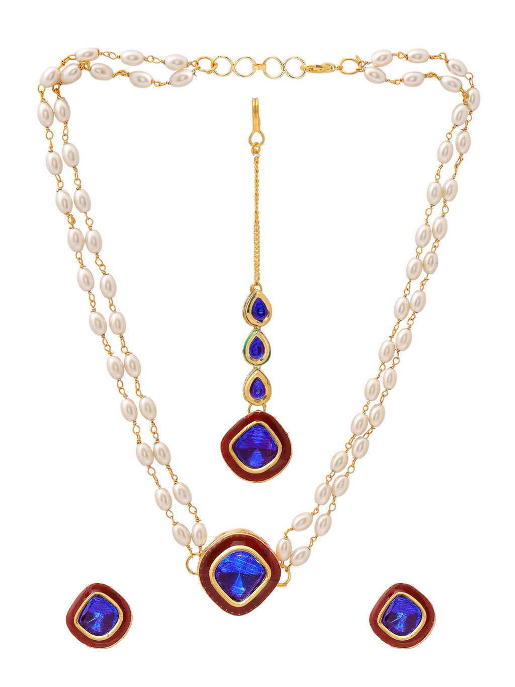 Ruby Raang Blue and Red Meenakari Kundan Necklace with Earrings & Maang Tikka