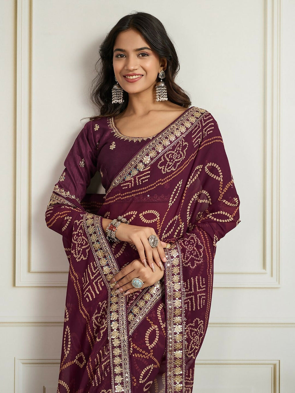 Ai Fashion Wine Georgette Rajwadi Bandhani Print Party Wear Saree - Distacart