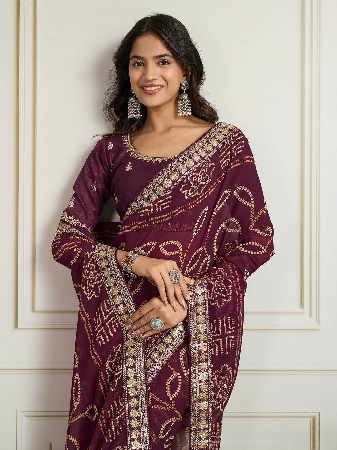 Ai Fashion Wine Georgette Rajwadi Bandhani Print Party Wear Saree - Distacart
