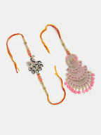 NVR Women & Men Set of 2 Multicolor Peacock Design Stone-Studded & Beaded Bhaiya Bhabhi Rakhi With Roli Chawal & Chocolate - Distacart