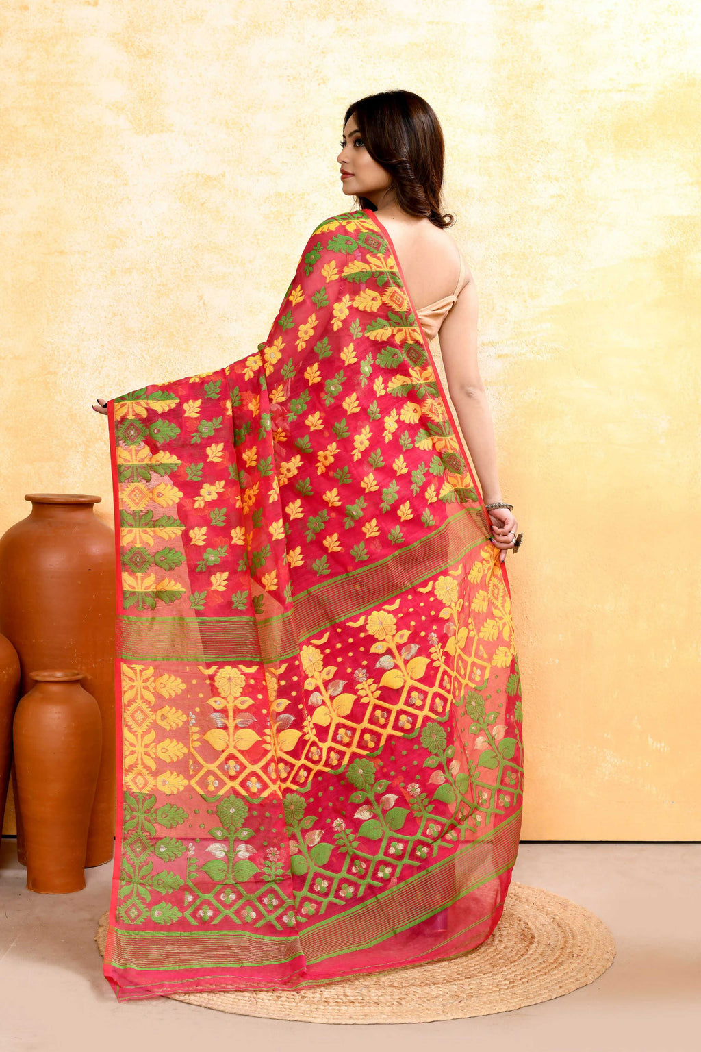 Piyari Fashion Women's Red Embellished Cotton Blend Jamdani Saree - Distacart