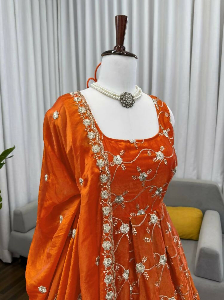 Teeya Creation Orange Color Fendy Silk Heavy Embroidery Work Wedding Wear Long Gown - Distacart