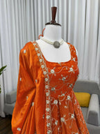Teeya Creation Orange Color Fendy Silk Heavy Embroidery Work Wedding Wear Long Gown - Distacart
