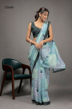 Pista Green Georgette Designer Printed Party Wear Saree - Cinderella