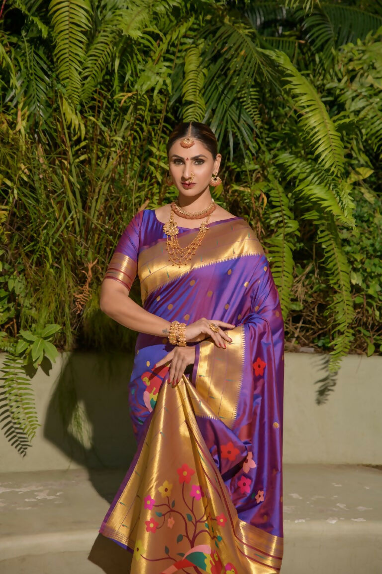 Jyoti Fashion Women's Purple Paithani Silk Zari Woven Saree with Blouse