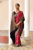 Joban Fashion Fuchsia Crepe Chiffon Pure Handloom Banarasi Silk Saree