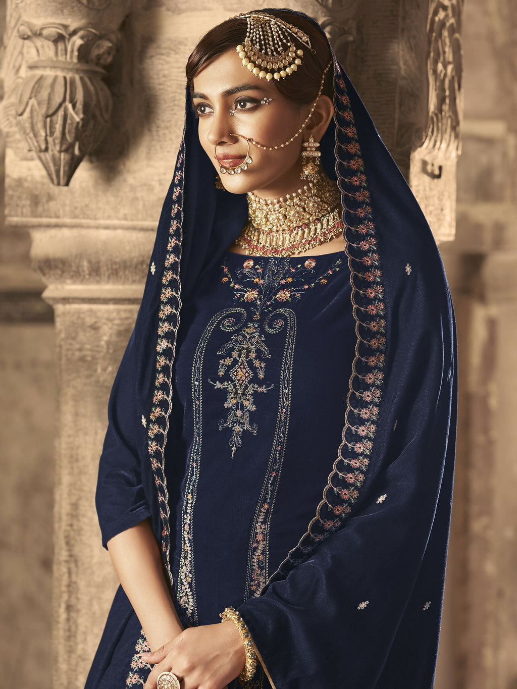 Jyoti Fashion Women's Navy Blue Velvet Floral Resham Thread with Jari work Kurta with Trouser & Dupatta