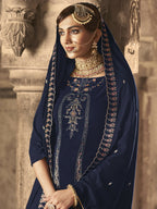 Jyoti Fashion Women's Navy Blue Velvet Floral Resham Thread with Jari work Kurta with Trouser & Dupatta
