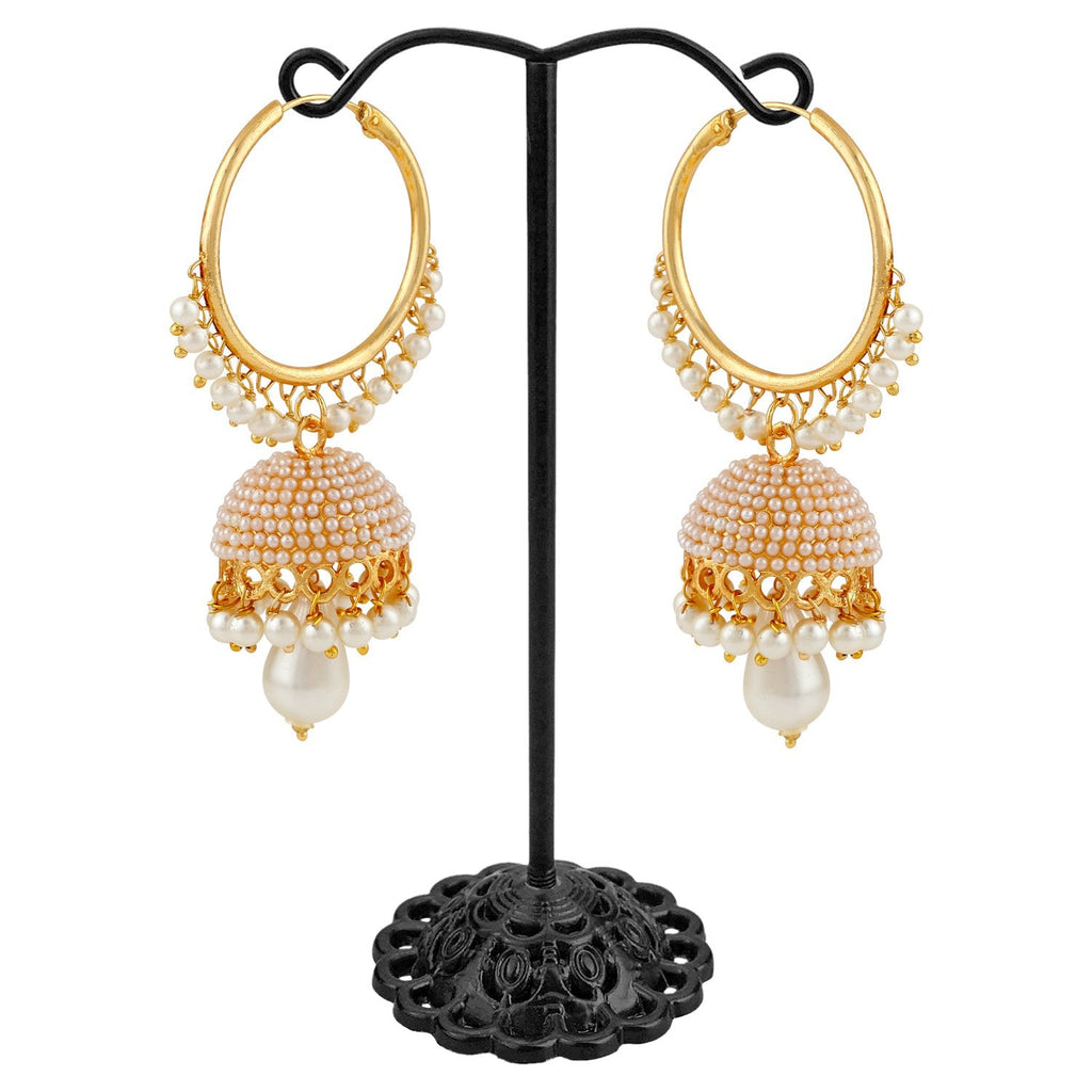 Gold-Plated Alloy Pearl Studded Round Hoop Jhumki Earrings - The Pari - Distacart