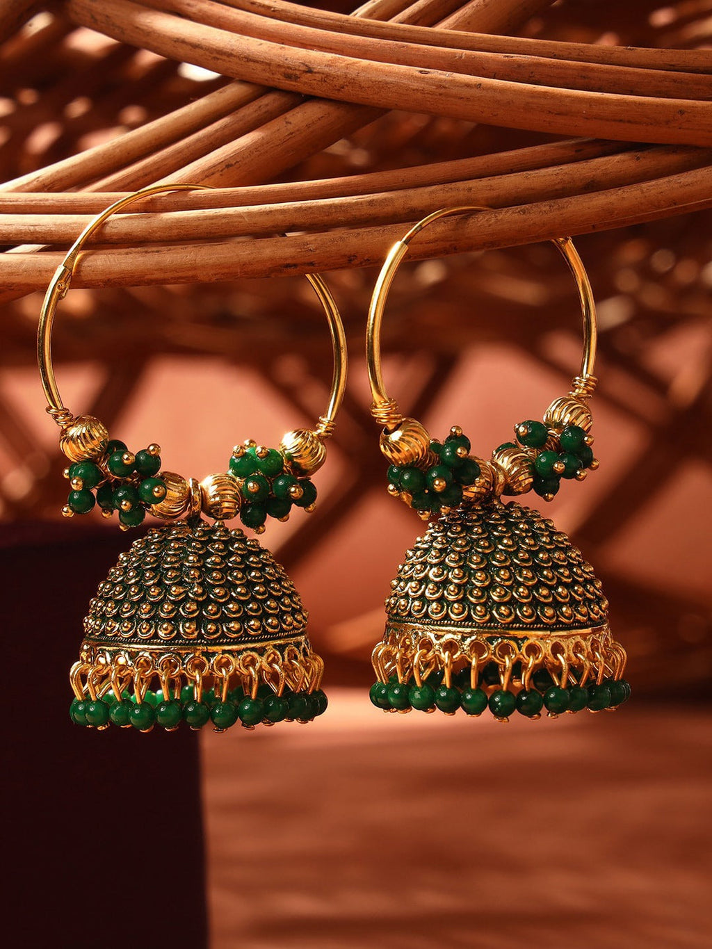 Gold-Plated Alloy Green Hoop Jhumka Earrings - The Pari - Distacart
