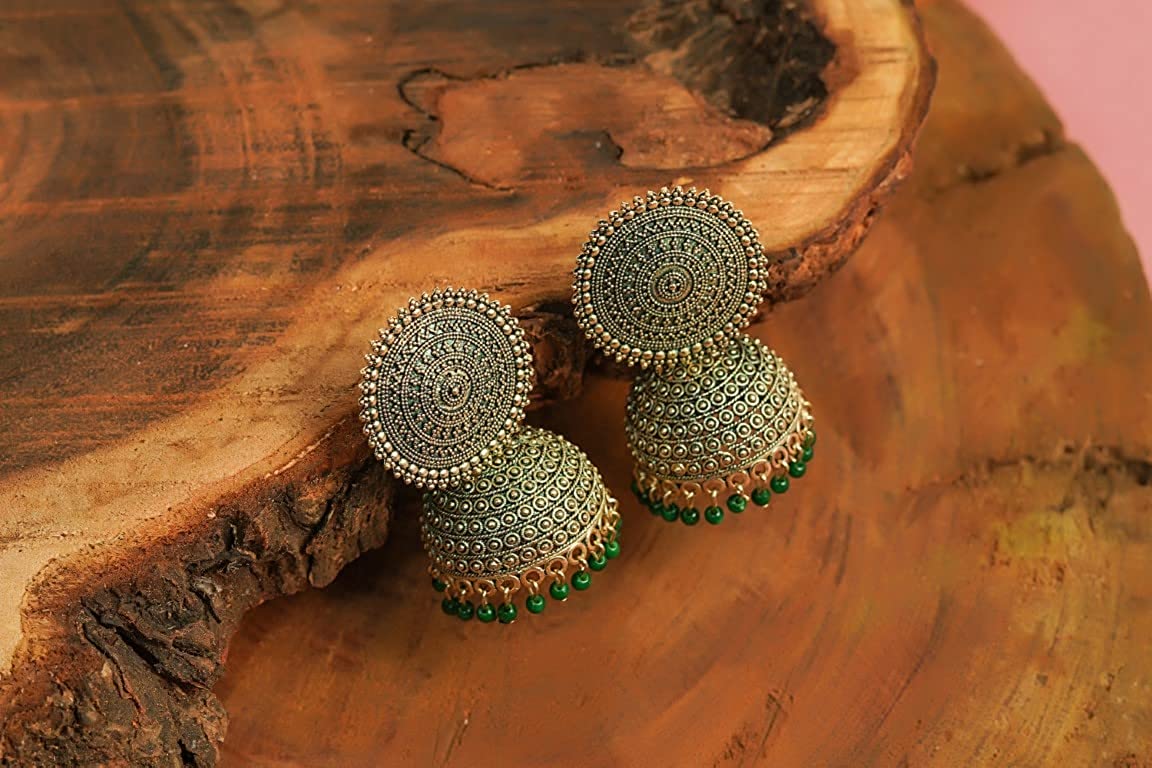 Gold-Plated Alloy Green Sun Shaped Jhumka Earrings - The Pari - Distacart