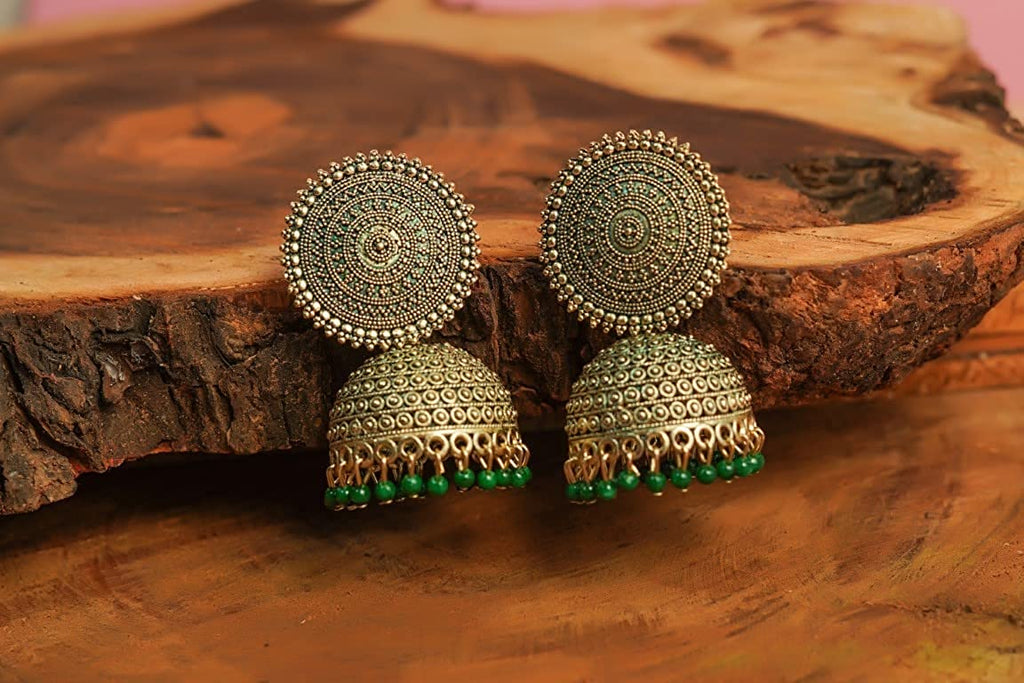 Gold-Plated Alloy Green Sun Shaped Jhumka Earrings - The Pari - Distacart
