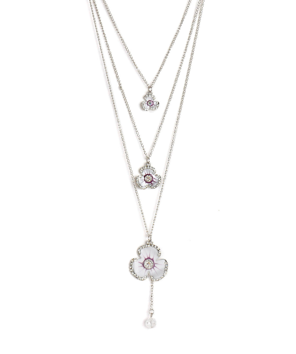 Silver-Plated Alloy Long Three Chain Flower Necklace - The Pari