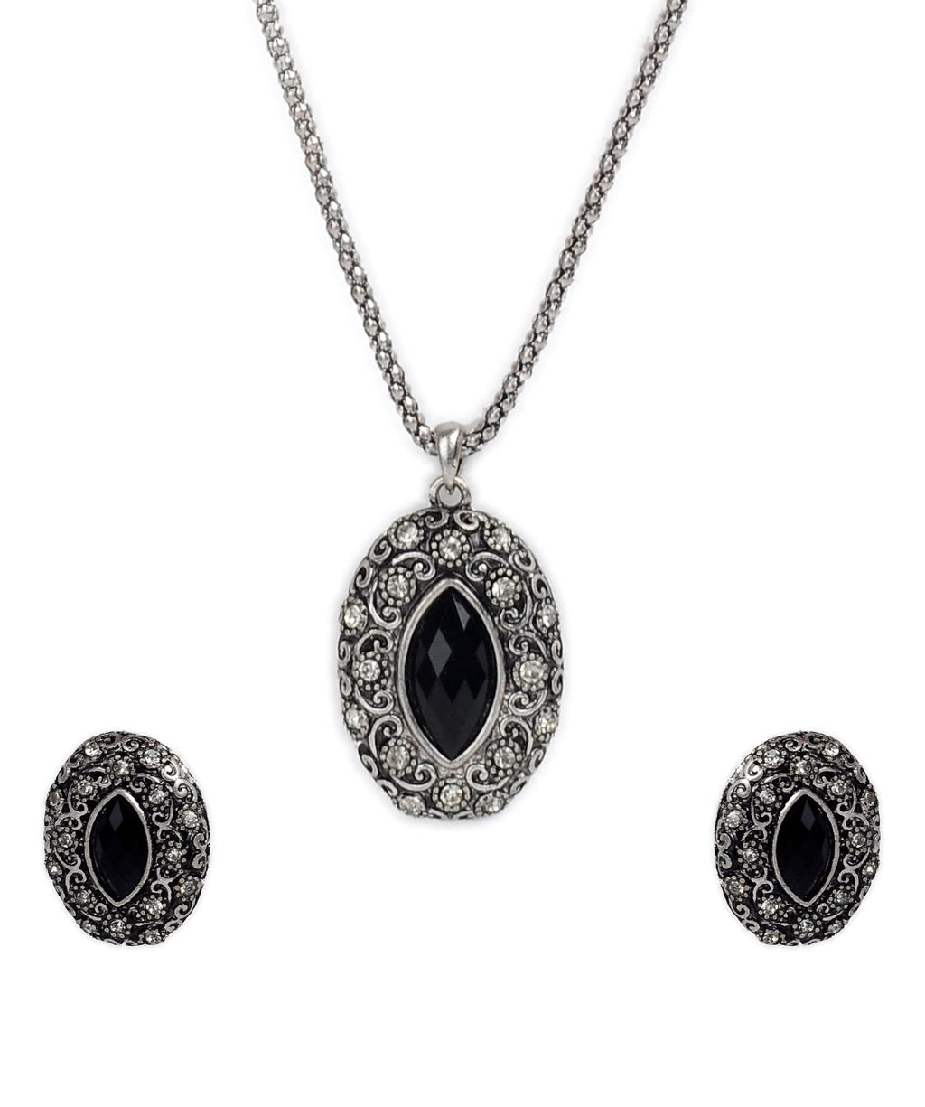 Silver-Plated Alloy Black Stone Pendant Necklace - The Pari