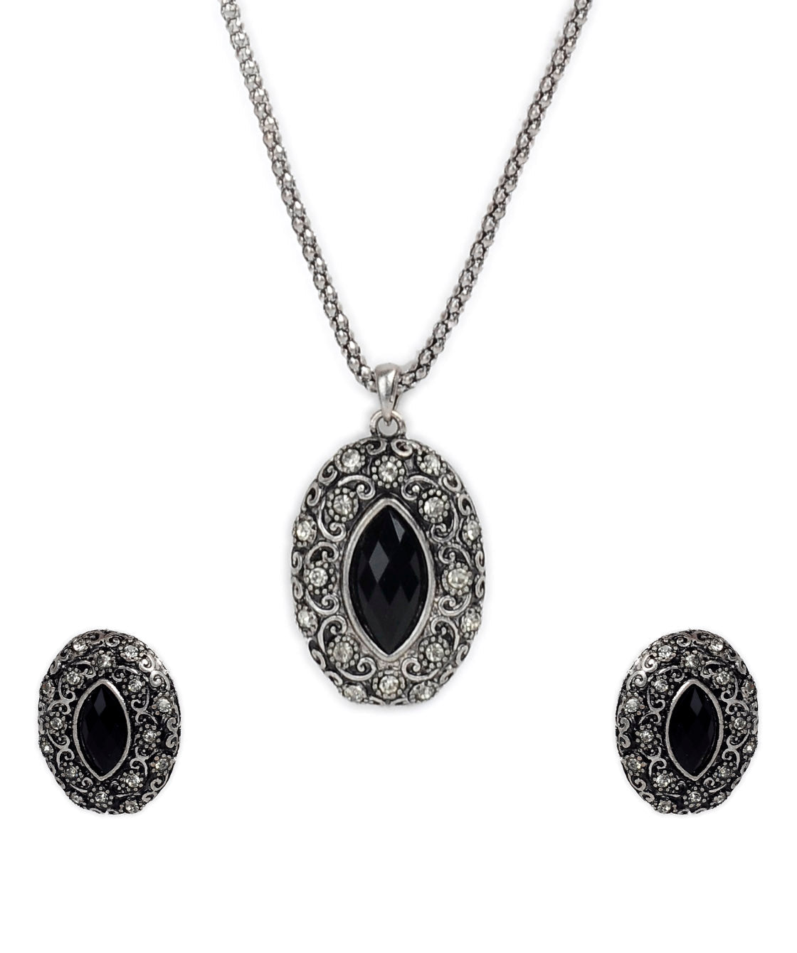 Silver-Plated Alloy Black Stone Pendant Necklace - The Pari