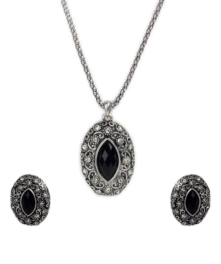 Silver-Plated Alloy Black Stone Pendant Necklace - The Pari