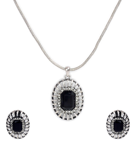 Silver-Plated Alloy Black Stone Pendant Necklace - The Pari