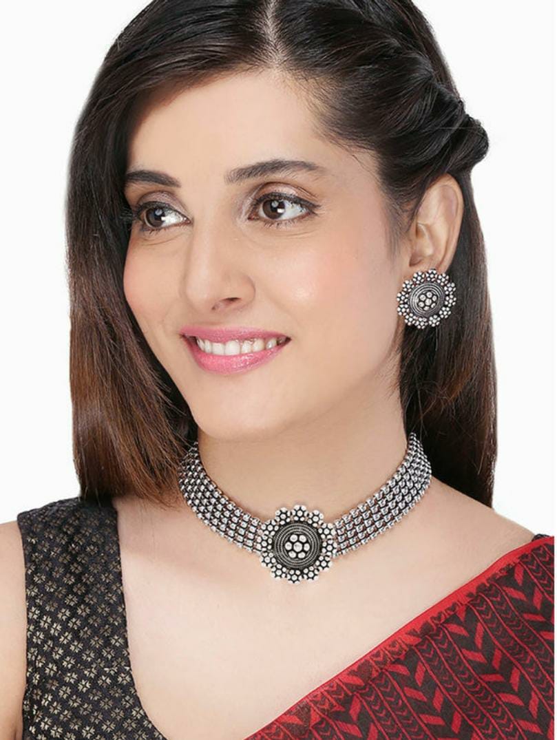 Rhodium-Plated Alloy Silver Beaded Choker Necklace - The Pari
