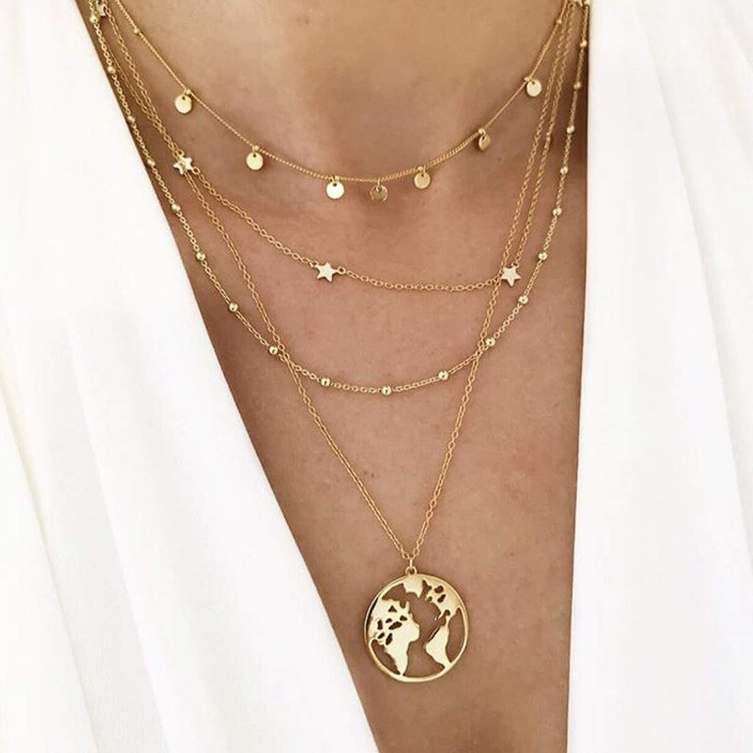 Gold-Polished Alloy Tripple Layer Earth Charm Necklace - The Pari